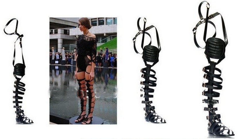 Black Leather Cut Outs Thigh High Gladiator Sandals